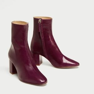 Zara Burgundy/Wine Leather Block Heel Bootie